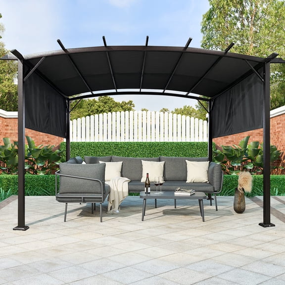 Perfect Garden 12' L x 9' W Outdoor Patio Steel Frame Pergola with Retractable Canopy Shade, Color Grey