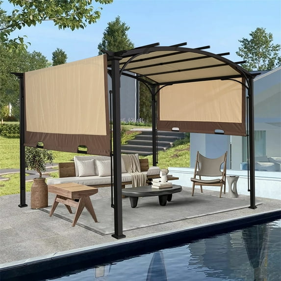 Perfect Garden 12 x 9 FT Outdoor Arched Gazebo Patio Pergola with Retractable Shade Canopy, Metal Frame Patio Sun Shade Shelter, Beige