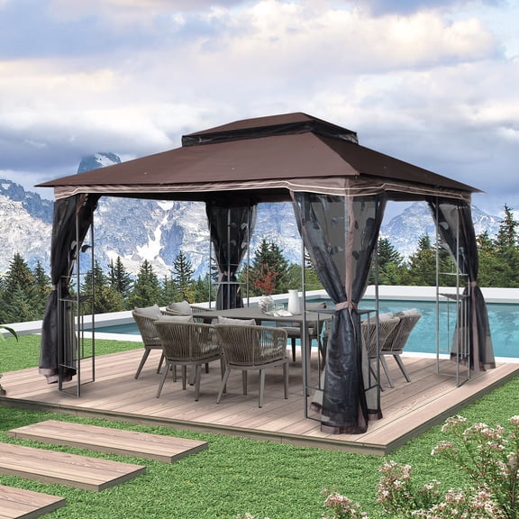Perfect Garden 13 x 10 ft Outdoor Patio Metal Gazebo Canopy Tent with Ventilated Double Roof and Mosquito Net, Brown