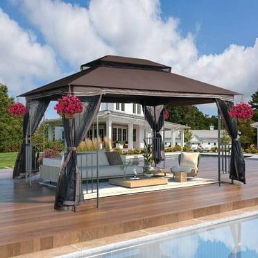 Perfect Garden 13x10ft Patio Gazebo, Metal Frame with Double Roof and Mosquito Net, Brown