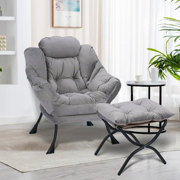 Perfect Garden Living Room Chairs Fabric Lazy Chair, Accent Contemporary Lounge Chair, Single Steel Frame Leisure Sofa Chair with Armrests and A Side Pocket (Light Gray) ,with ottoman ,with footrest