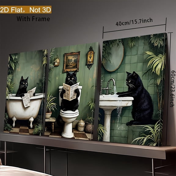 [Perfect Gift] 3pcs Vintage Bathroom Black Cat Prints - Framed Canvas Posters with Toilet Scenes, Retro Bathroom Decor - Ready-to-Hang Wall Art for Living Room, Kitchen