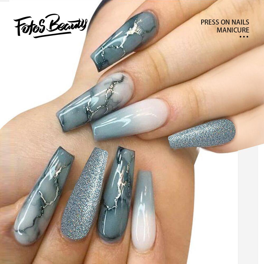 Perfect Gift for Girls Women Fofosbeauty 24PCS Fake Press on Nails Coffin Long Fake Nails for Girls Women Jade Marble