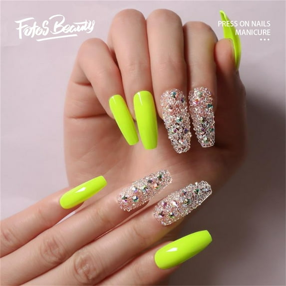 【Perfect Gift for Girls/Womens】Fofosbeauty 24pcs Press on False Nail Tips Extra Long Coffin Manicure Full Cover Fake Nails, Allshin Fluorescein