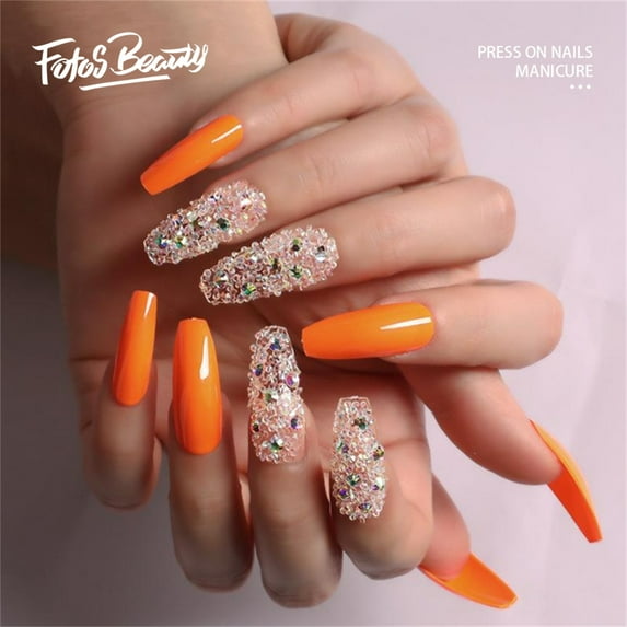 【Perfect Gift for Girls/Womens】Fofosbeauty 24pcs Press on False Nail Tips Extra Long Coffin Manicure Full Cover Fake Nails, Allshin Orange