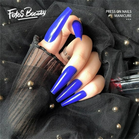 【Perfect Gift for Girls/Womens】Fofosbeauty 24pcs Press on False Nail Tips Extra Long Coffin Manicure Full Cover Fake Nails, Gel Royal Blue