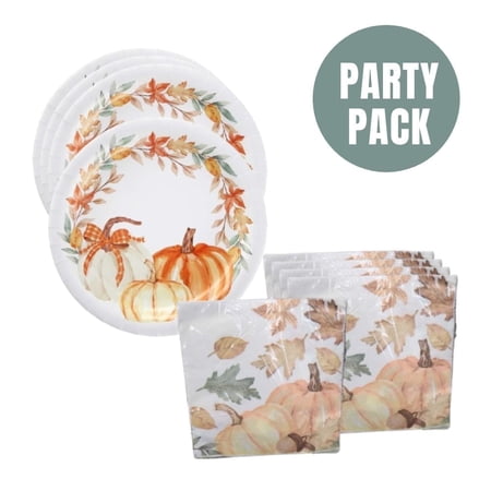 Perfect Harvest Fall Disposable 8 Plates and 16 Napkins Set Autumn Pumpkin & Leaves Design for Thanksgiving, Parties, Dinner, and Seasonal Decor