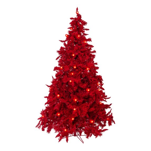 Perfect Holiday 6.5 Ft Prelit Ruby Red Christmas Tree with 450 LED & 35 Lrg Bulbs, Dia 48" - Red Metal Stand Included