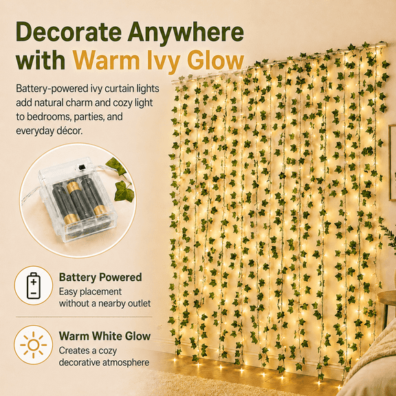Perfect Holiday Ivy Leaf Curtain String Lights for Bedroom Wall Window Wedding Party Décor, 66 LED Battery Operated, 3 ft x 5 ft, Warm White