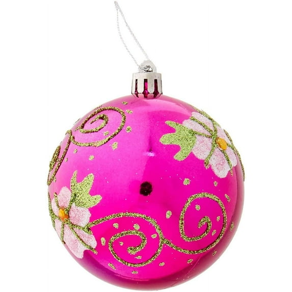 Perfect Holiday Handpainted 2-Piece Shatterproof Christmas Ornaments, 3.14-Inch, Shiny Rose Red Ball with Flower and Acrylic Diamond