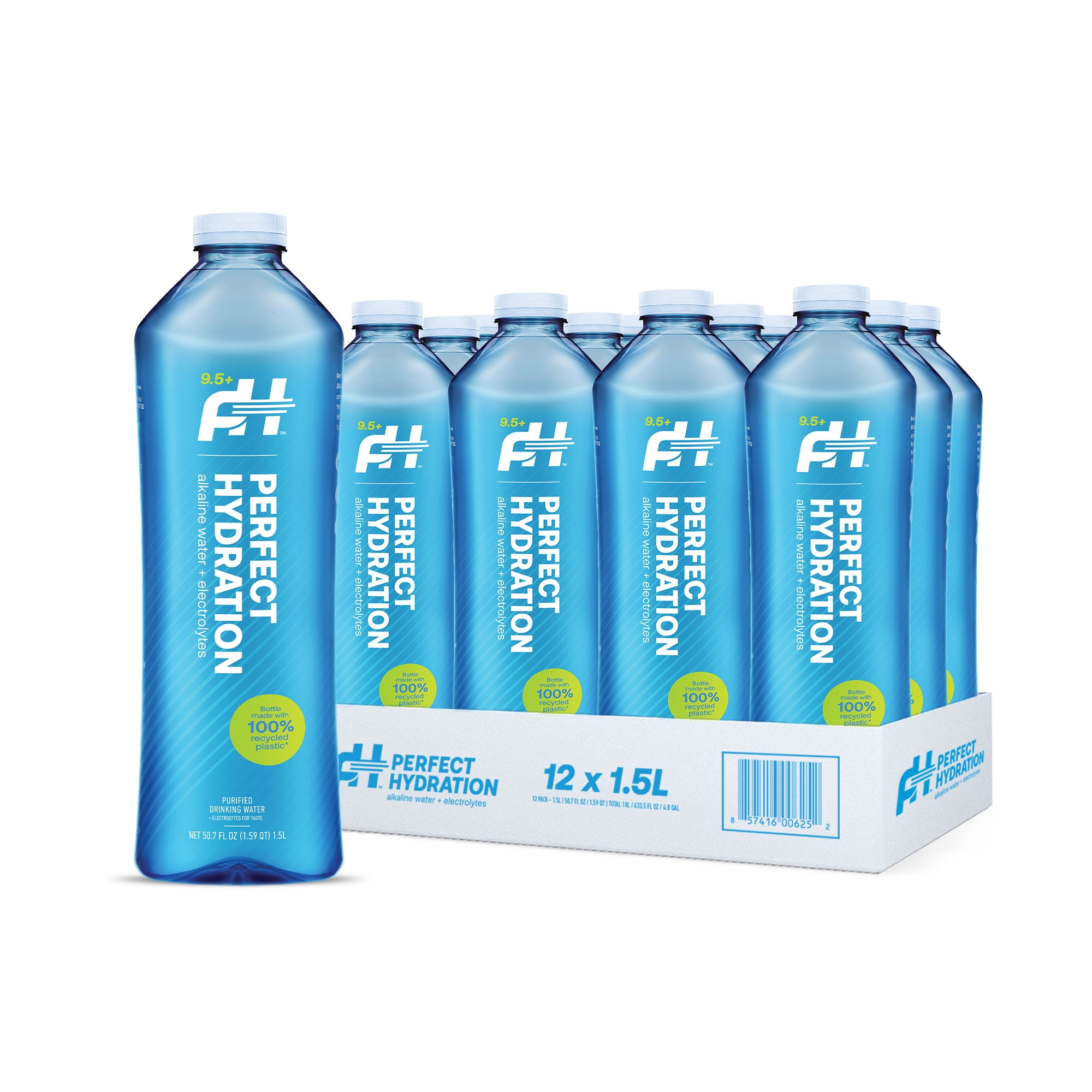 Perfect Hydration 9.5 pH Alkaline Water, Electrolytes for Taste, Bottles Made with 100% Recycled Plastic, 1.5-Liter Bottle, Case of 12