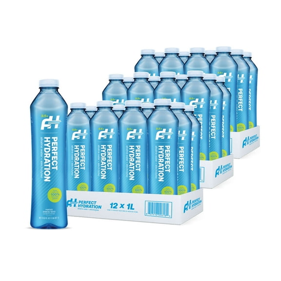 Perfect Hydration 9.5 pH Alkaline Water, Electrolytes for Taste, Bottles Made with 100% Recycled Plastic, 1 Liter, Case of 12 Bottles, 3 Cases