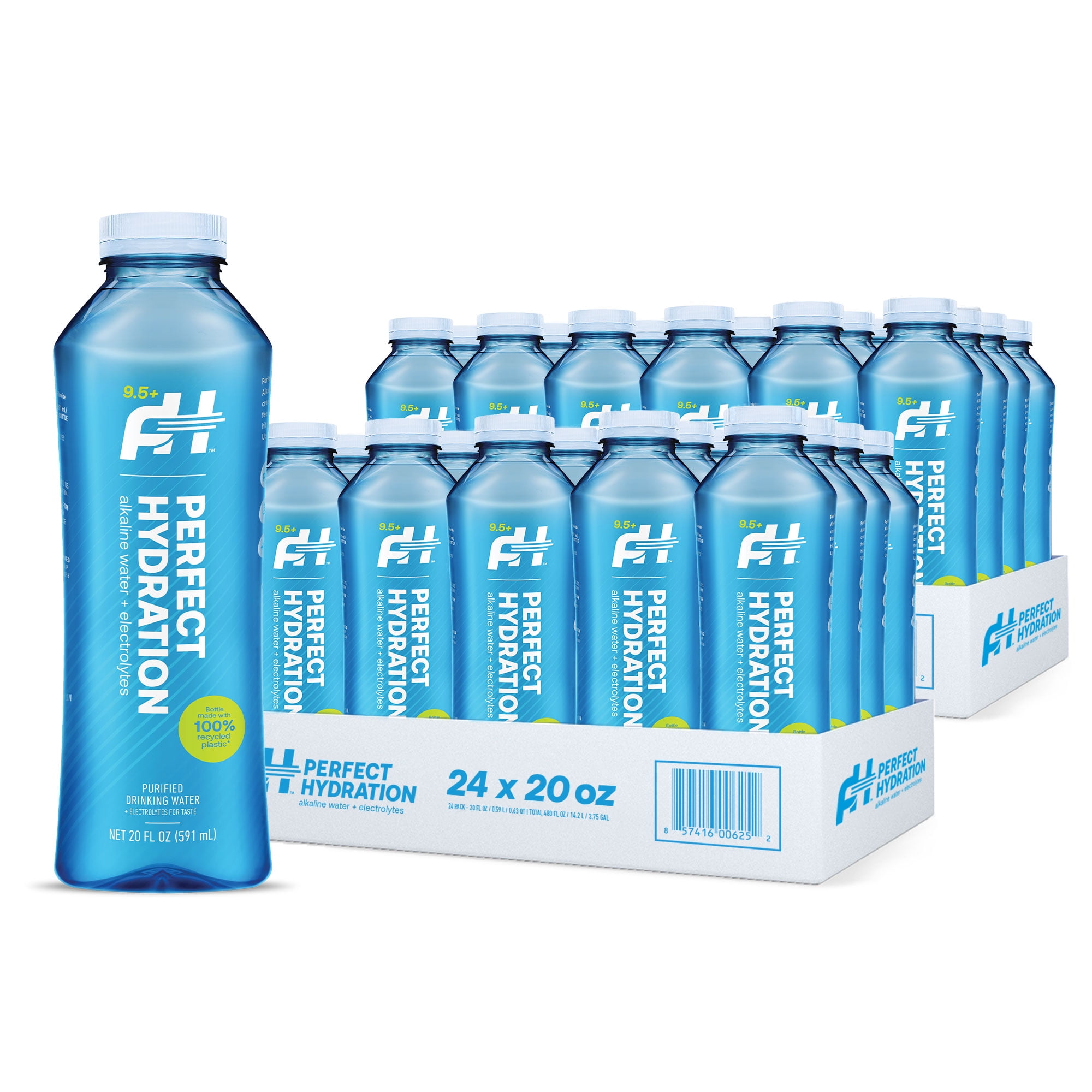 Perfect Hydration 9.5 pH Alkaline Water, Electrolytes for Taste, Bottles Made with 100% Recycled Plastic, 20 Fl Oz, Case of 24 Bottles, 2 Cases