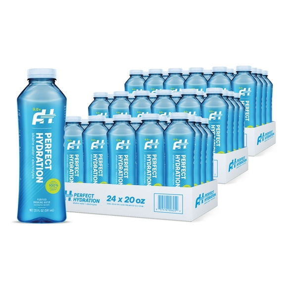 Perfect Hydration 9.5 pH Alkaline Water, Electrolytes for Taste, Bottles Made with 100% Recycled Plastic, 20 Fl Oz, Case of 24 Bottles, 3 Cases