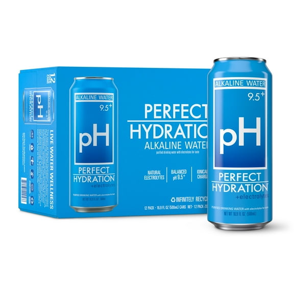 Perfect Hydration 9.5 pH Alkaline Water, Electrolytes for Taste, Recyclable Aluminum Cans, 16.9 Ounce Tallboy Cans, Pack of 12