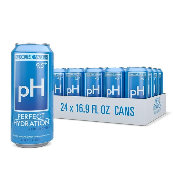 Perfect Hydration 9.5+ ph Alkaline Water, Electrolyte Minerals for Taste, 16.9 oz Recyclable Aluminum Cans, Pack of 24