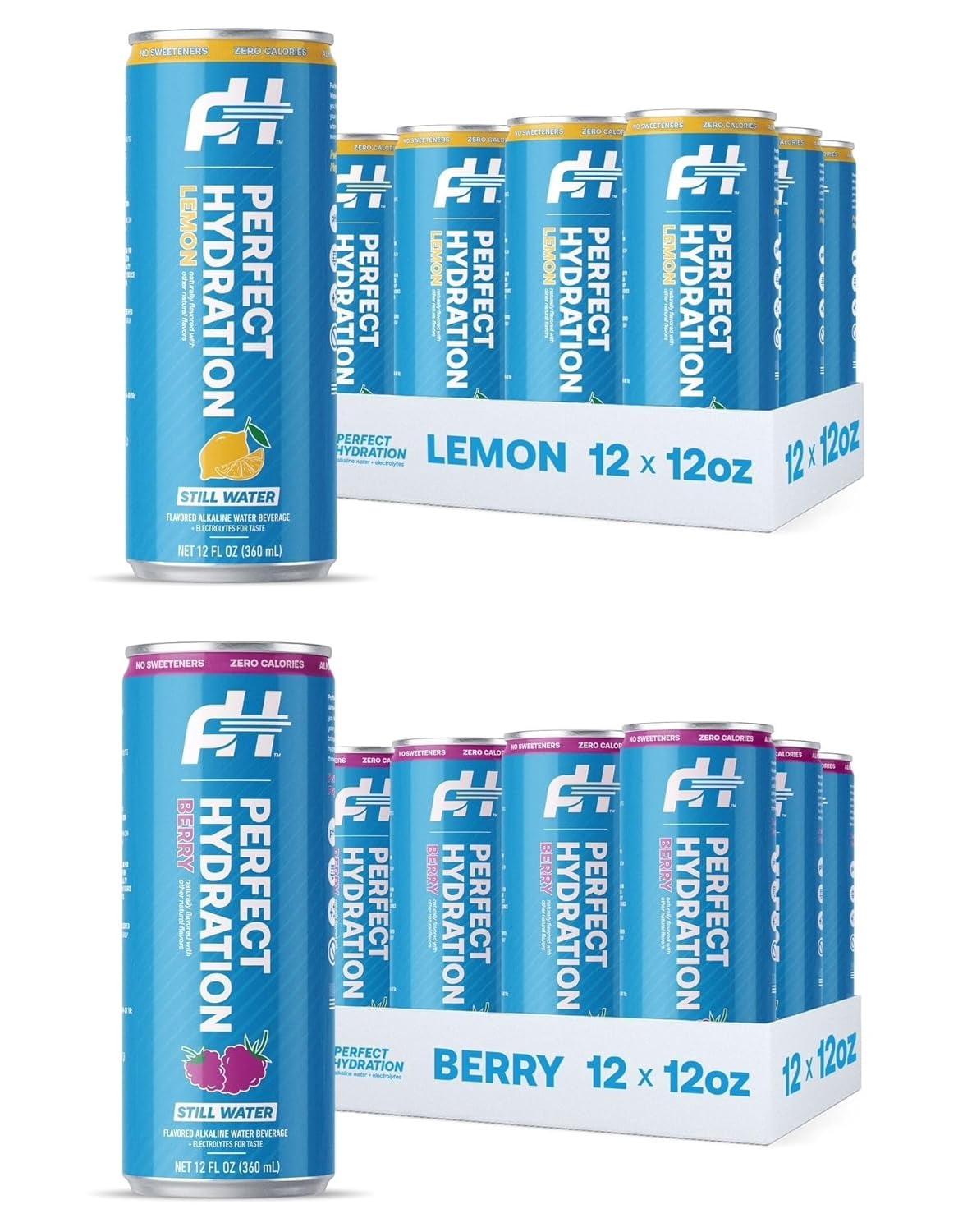 Perfect Hydration Lemon and Berry Flavored Alkaline Water | 0 Sugar, 0 Calories, 12 oz cans, Pack of 12 of Each Flavor