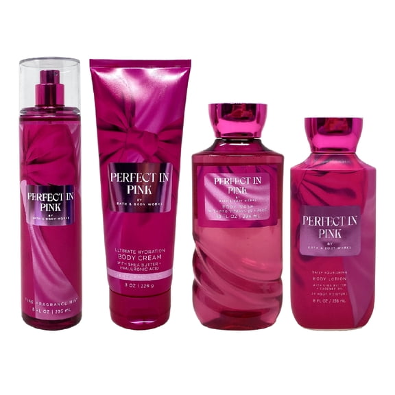 Bath & Body Works Perfect In Pink Gift Set - Full Size Fragrance Mist, Body Wash, Body Cream and Body Lotion