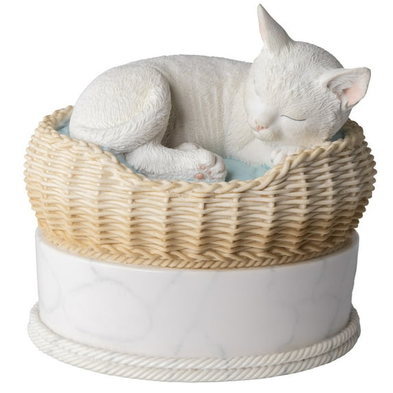 Perfect Memorials Hand Painted White Cat in Basket Cremation Urn