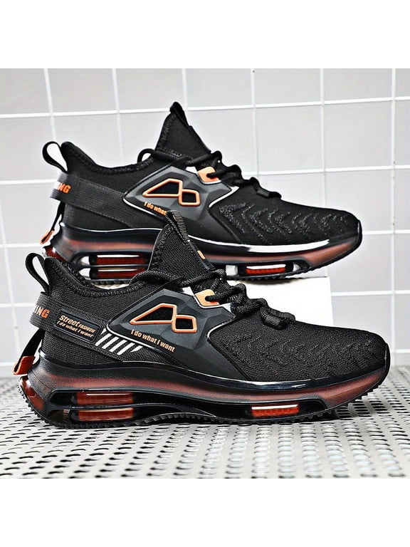 Perfect-Men'S Shock-Absorbing Running Sneakers Cushioned Air Cushion for All-Day Comfort - Perfect for Outdoor Sports, Casual Wear - Stylish Black & Orange Design with Red Accents, Breathable Mesh