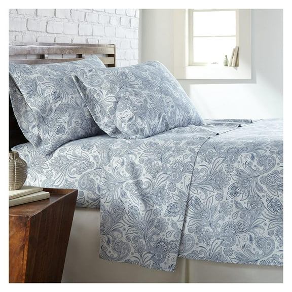Perfect Paisley Collection, 3-Piece White Sheet Set with Blue Paisley, 14-Inch Deep Pocket Sheets, White Flat Sheet, Standard Pillowcase, Microfiber Bedding Set Twin White With Blue Paisley
