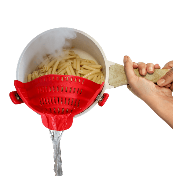 Perfect Pasta Pal Red Clip-On Silicone Pasta Strainer, Space-Saving Kitchen Items for Pasta, Vegetables & More