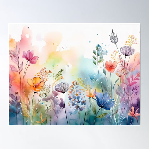 Perfect Pastel Boho Floral Watercolor, Line Drawing, Muted Pastel Wildflower Garden, Watercolor Rainbow Coloured Botanicals, Poster Wall Art, Modern Wall Decor For Living Room Bedroom, 8x12 UNFRAMED