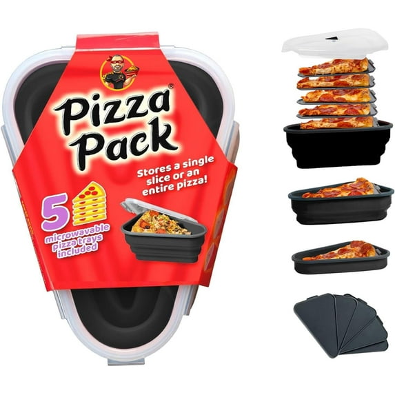 The Perfect Pizza Pack™ - Reusable Pizza Storage Container with 5 Microwavable Serving Trays - BPA-Free Adjustable Pizza Slice Container to Organize & Save Space, Black