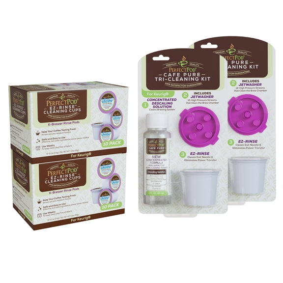 Perfect Pod 2-Pack (20 Count) EZ-Rinse Cleaning Cups + 2-Pack Cafe Pure Tri-Cleaning Kit Single Serve K Brewer Cleaning System