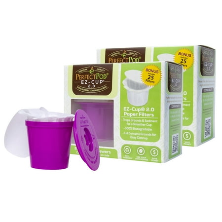 Perfect Pod 2-Pack Reusable EZ-Cup 2.0 K Cup Coffee Pod + Disposable Paper Filters (50 - Count)