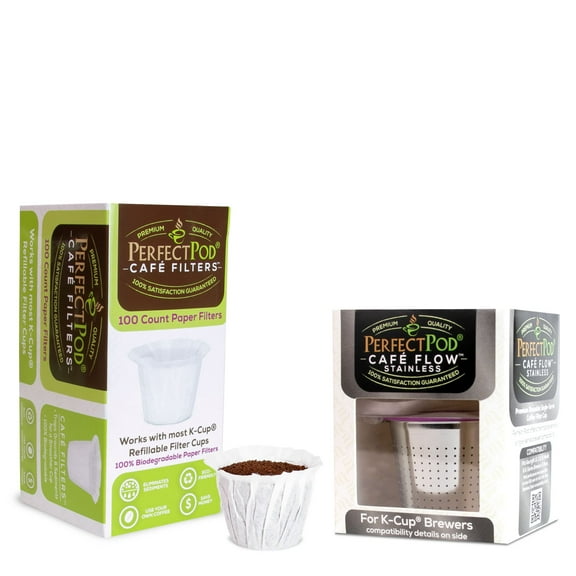 Perfect Pod Cafe Flow Stainless Steel Premium Reusable Single Serve Coffee Filter Cup + 100 Cafe Filters