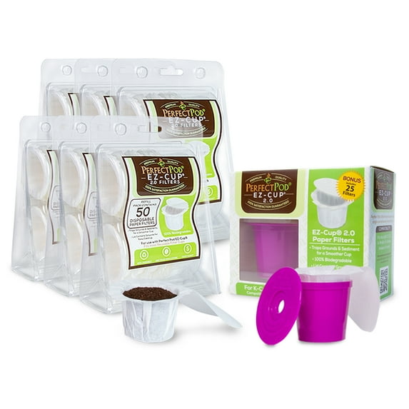 Perfect Pod EZ-Cup 2.0 Reusable K Cup Starter Kit + 325ea 100% Disposable and Compostable Coffee Paper Filters  for Reusable Single Serve Coffee Pods and Refillable Keurig K-Cups
