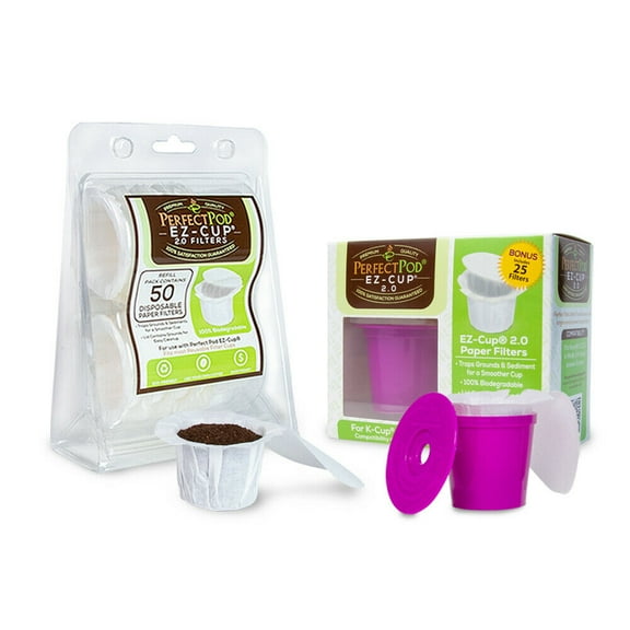 Perfect Pod EZ-Cup 2.0 Reusable K Cup Starter Kit + 75ea EZ-Cup 2.0 100% Disposable and Compostable Coffee Paper Filters for Reusable Single Serve Coffee Pods and Refillable Keurig K-Cups
