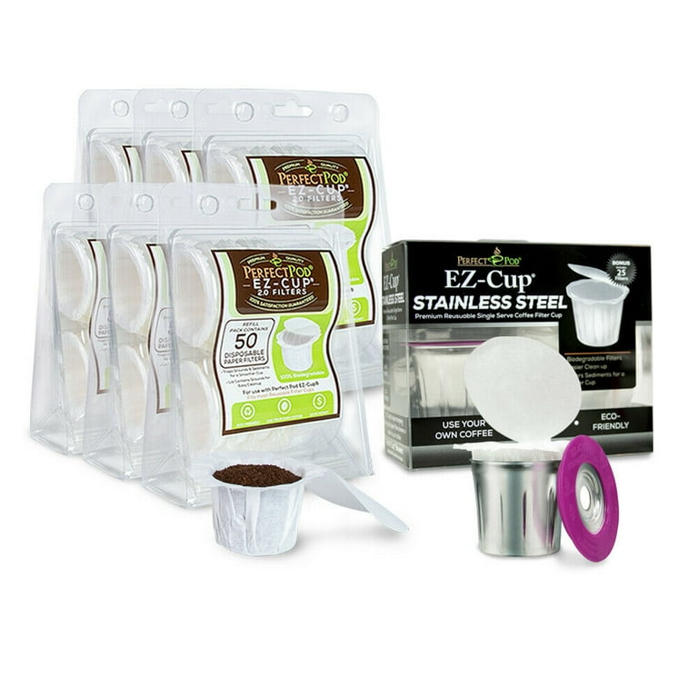 Perfect Pod EZ Cup 2.0 Stainless Steel Refillable K Cup Pod Metal Filter 325ea EZ Cup 2.0 100 Disposable Compostable Coffee Paper Filters for Reusable Keurig Single Serve Coffee Makers Walmart