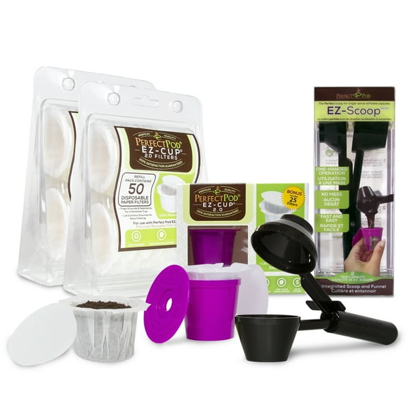 Perfect Pod EZ-Cup 2.0 Starter Bundle Reusable Coffee K Cup Pod with 125 Coffee Paper Filters and EZ-Scoop