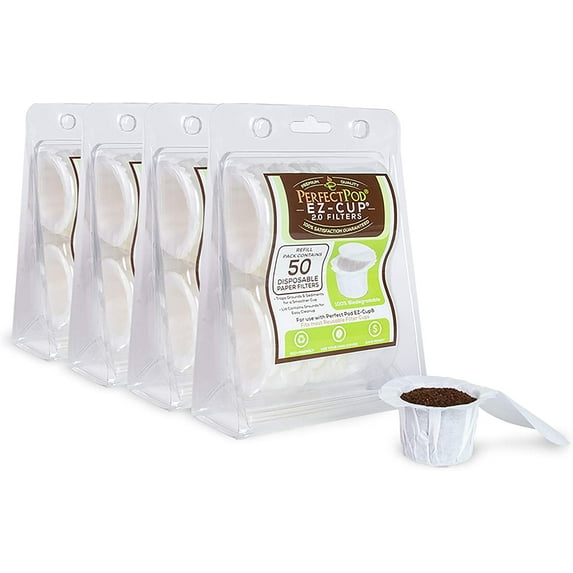 Perfect Pod EZ-Cup Disposable Paper Filters with Patented Lid Design for Reusable Coffee Pods 4-Pack (200 Filters)