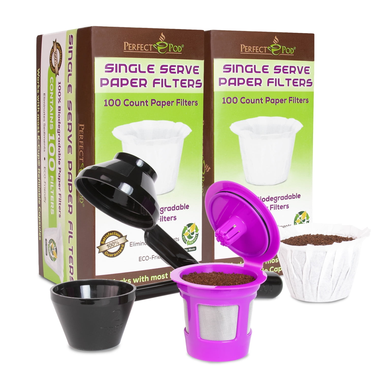 Perfect Pod Cafe Fill Value Pack with 2 Reusable K-Cup Pods +200 Cafe Filters Coffee Filters + EZ-Scoop Integrated Scoop with Funnel, Pink. Purple.