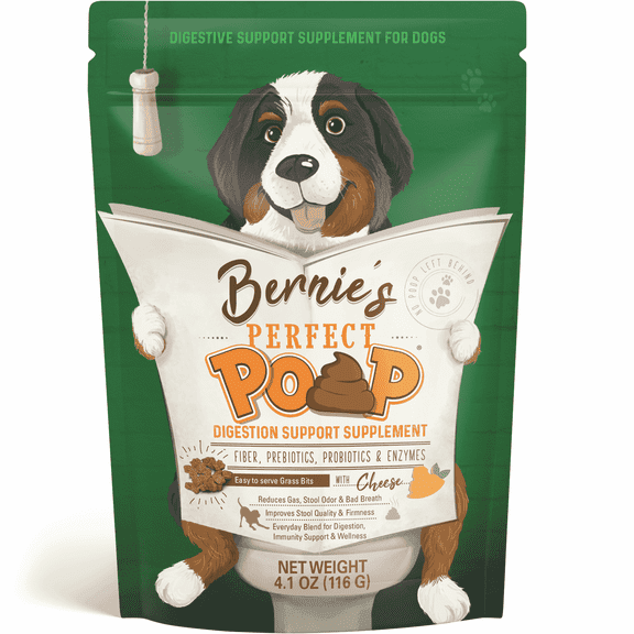 Bernies Perfect Poop Digestive Supplement for Dogs, 30 oz Cheddar, 4-in-1 Formula with Prebiotics, Probiotics, Fiber & Enzymes