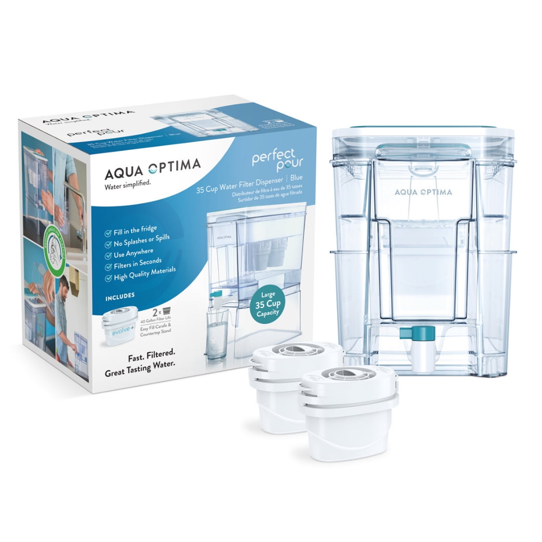 Perfect Pour XL 35 Cup Water Filter Dispenser by Aqua Optima, Reduces Microplastics BPA Free, WQA Certified, Fill in Place Design, Includes Countertop Stand, includes 2 Evolve+ Filters, Blue