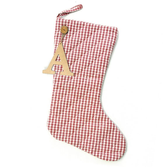 Perfect Red 3 Quilted Plaid Gingham Homespun Christmas Stocking with Personalized Letter Charm by Marilee Home