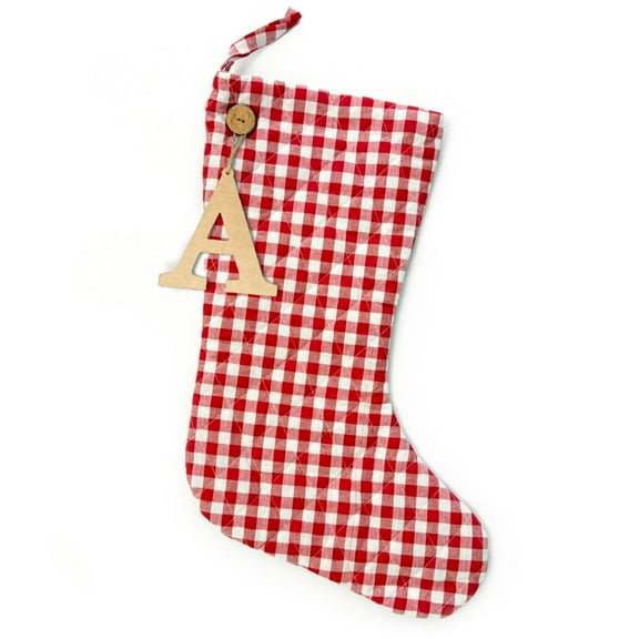 Perfect Red 5 Quilted Plaid Gingham Homespun Christmas Stocking with Personalized Letter Charm by Marilee Home