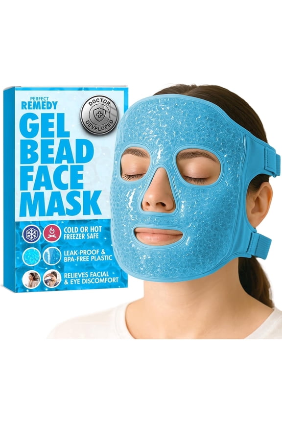 Reusable Hot and Cold Face Ice Pack, Gel Bead Facial Mask with Adjustable Strap, Blue