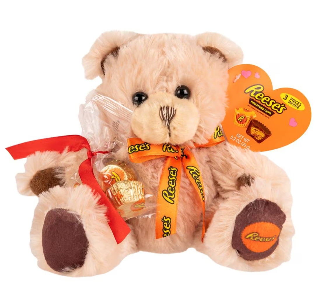 Perfect Romantic Gift : Valentine's REESES Tan Bear with Chocolate - A Fluffy Bear & Reese's Miniatures Combo