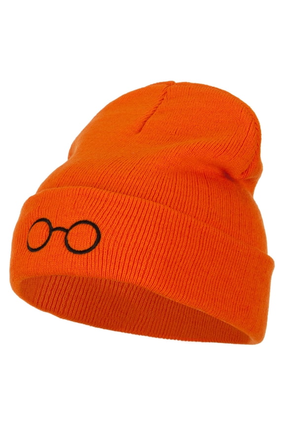 Perfect Round Eyeglasses Embroidered Long Beanie - Orange OSFM