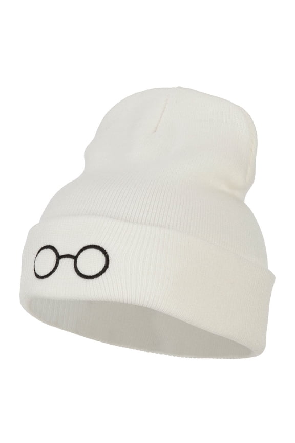 Perfect Round Eyeglasses Embroidered Long Beanie - White OSFM