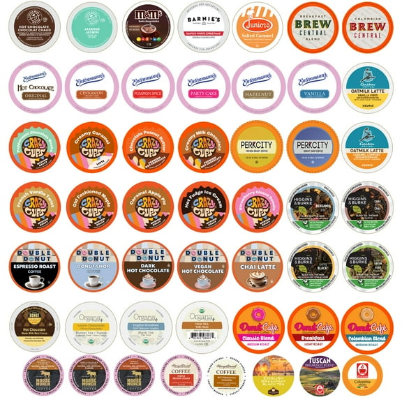 Perfect Samplers Coffee, Tea, OKA4Cider, Cappuccino & Hot Chocolate Single Serve Cups for Keurig K Cup Brewers Sampler, 50 Count