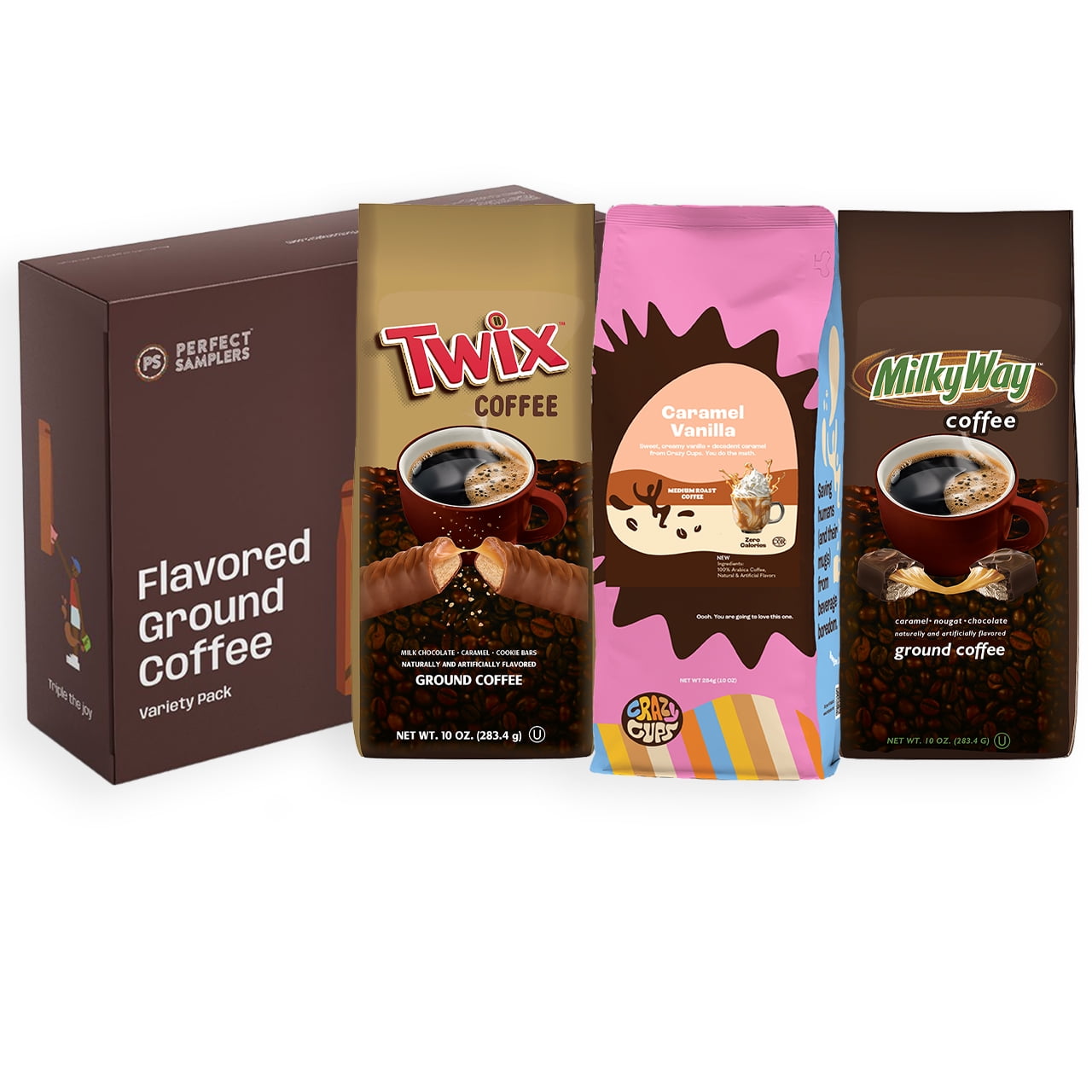 Perfect Samplers Ground Coffee Vareity Pack- Milky Way, Twix Crazy, Caramel Vanilla