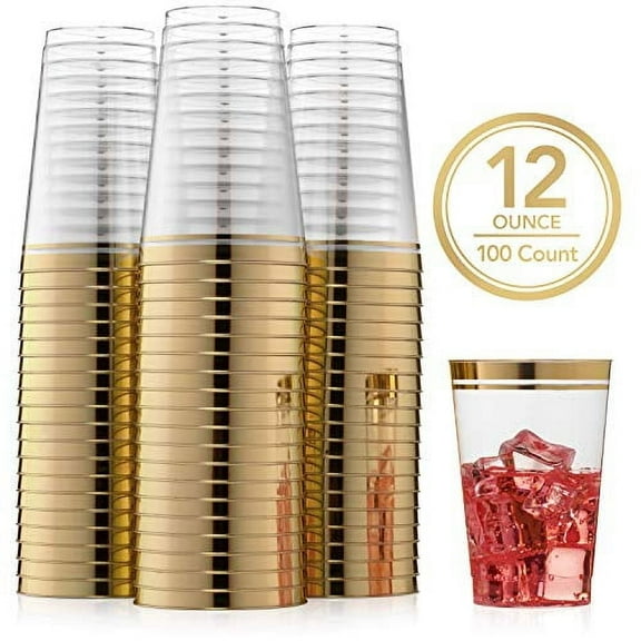 Perfect Settings 12 oz. Clear Disposable Hard Plastic Cups, Fancy Gold Rimmed Glasses for Holiday Events, Weddings - 100 Count