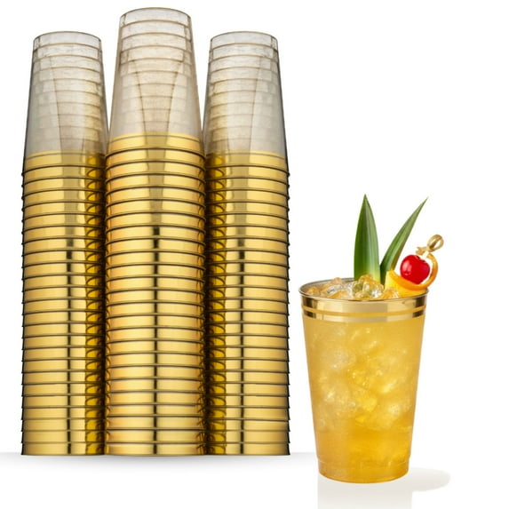 Perfect Settings 12 oz Gold Glitter Disposable Plastic Cups - 100 Count