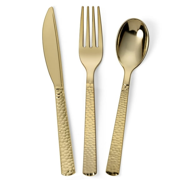 Perfect Settings 150-Piece Gold Plastic Disposable Cutlery Sets, Heavy Duty Premium Hammered Finish, 50 Sets